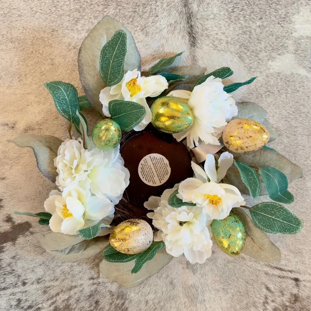 Spring Wreath or Candle Ring Centerpiece Greenery & Pastel Easter Eggs & Flowers